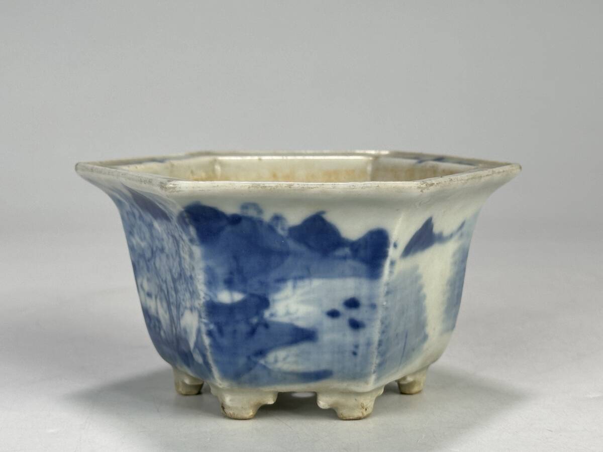 UJ24-7 中国美術 清朝 清時代 染付風景文六方植木鉢 青花 鉢 盆栽美術