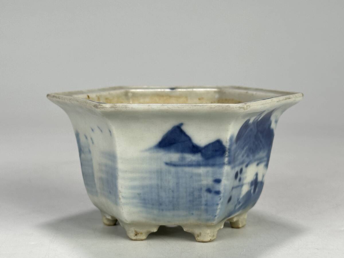 UJ24-7 中国美術 清朝 清時代 染付風景文六方植木鉢 青花 鉢 盆栽美術