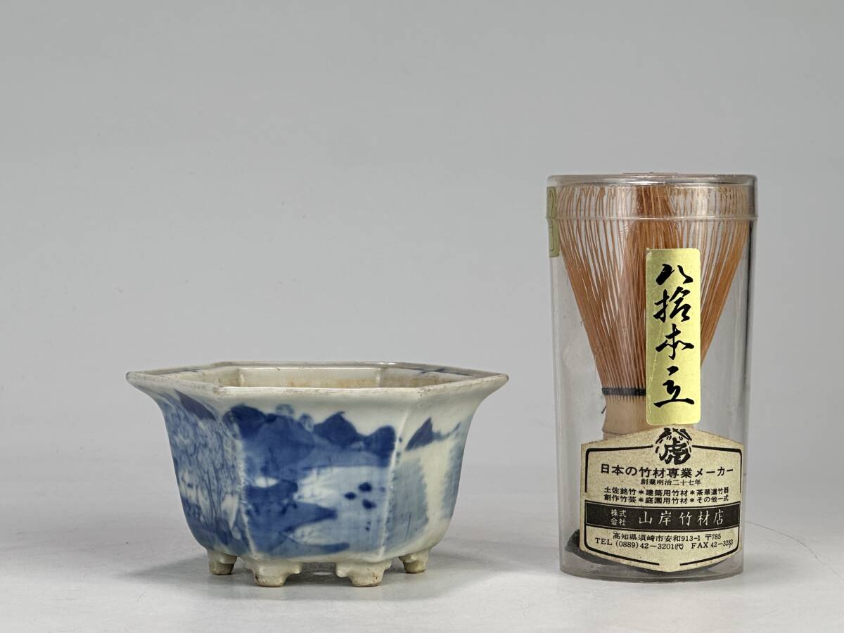 UJ24-7 中国美術 清朝 清時代 染付風景文六方植木鉢 青花 鉢 盆栽美術