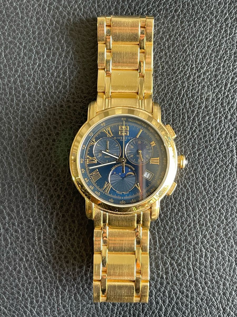 中古品☆GIVENCHY クロノグラフ クオーツ QZ デイト ブルー文字盤