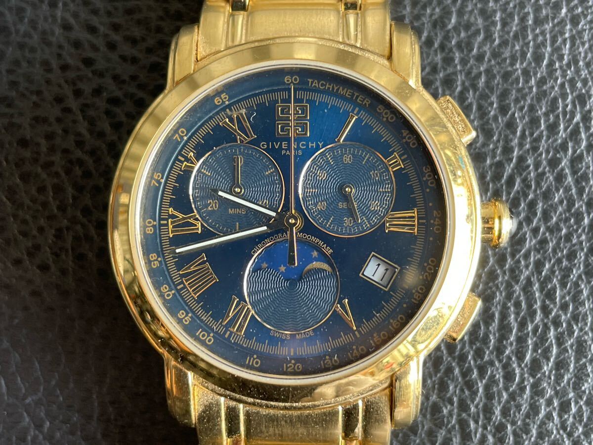 中古品☆GIVENCHY クロノグラフ クオーツ QZ デイト ブルー文字盤