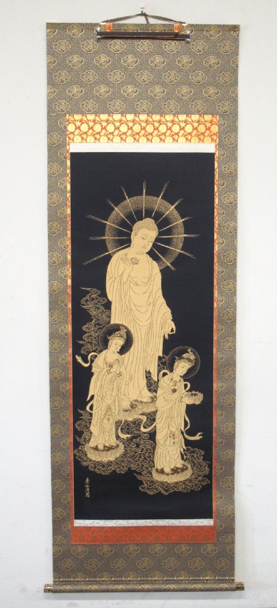 真作/素仙/三尊佛図/桐共箱付/布袋屋掛軸HE-650 沖713◇福田素仙 三尊佛図 共箱 掛軸 掛け軸 仏画 二重箱 西陣織 仏教