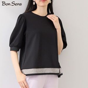 送料300円(税込)■om422■ボン・サンス ストレッチポンチ ラメリブアクセント プルオーバ