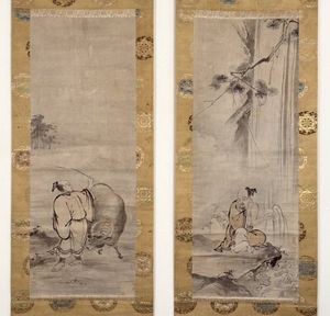 模写】掛軸 狩野永徳 竹に鶴図 優雅な筆致の吉祥画 合箱入 T43 【公式