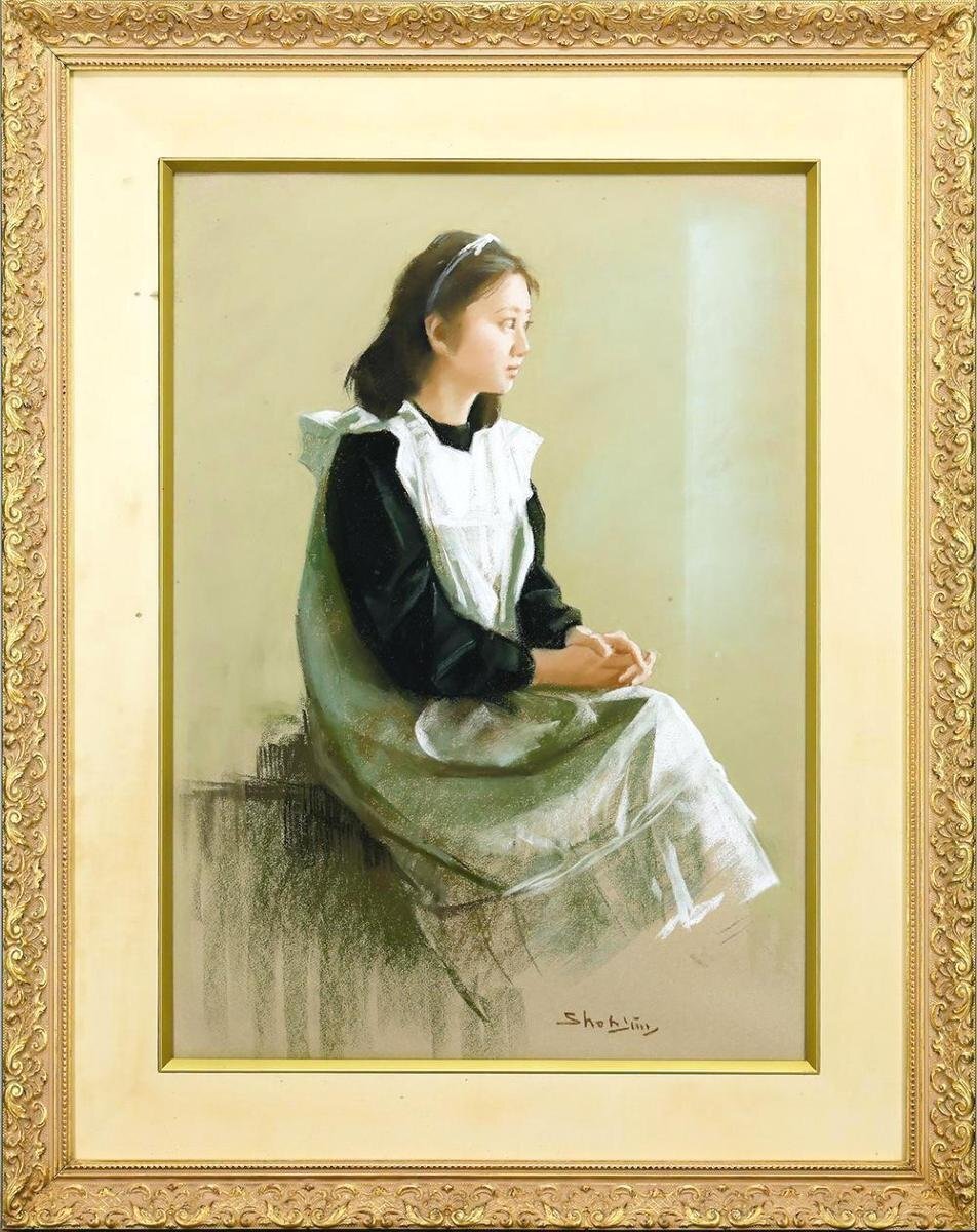 絵画　油彩画　少女　上尚司　「少女」 真作】【WISH】上尚司「まなざし」パステル 約20号 大作 ◇美しい横顔