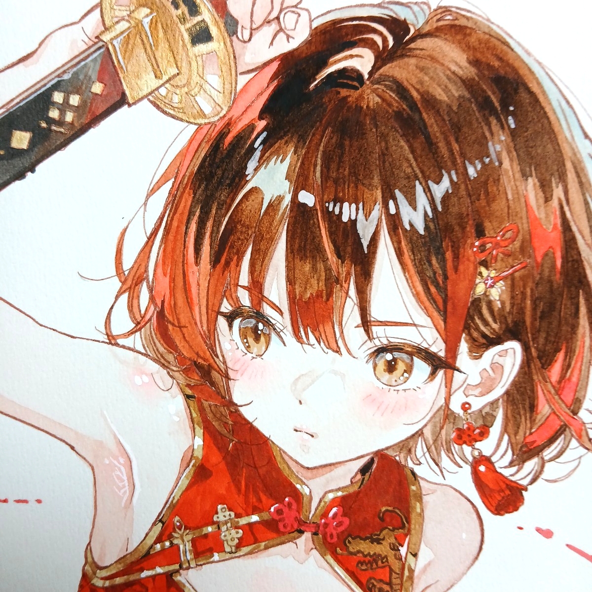 大色紙 手描きイラスト [双龍纏衣] 原画 美少女 オリジナル 一点物