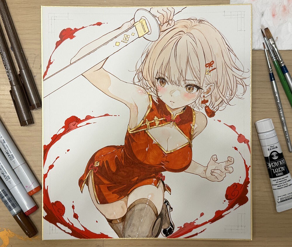 大色紙 手描きイラスト [双龍纏衣] 原画 美少女 オリジナル 一点物