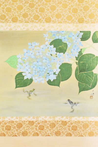 【真作】絵画　日本画　青蔓草花図　蛙添え　彩色画　額装　水辺の気配　B69 真作】絵画 日本画 青蔓草花図 蛙添え 彩色画 額装 水辺の