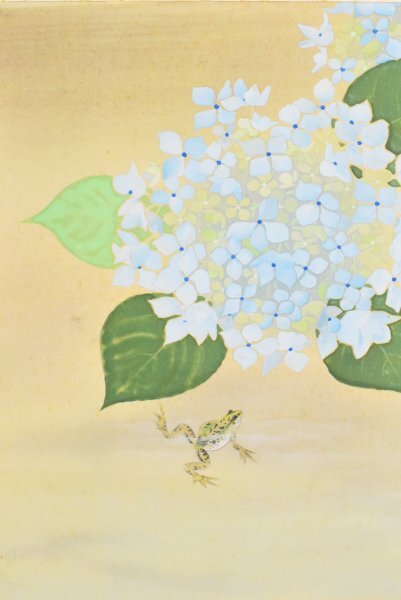 【真作】絵画　日本画　青蔓草花図　蛙添え　彩色画　額装　水辺の気配　B69 K7333 真作 山田双年「紫陽花蛙」絹本 共箱 肉筆 あじさい カエル 石崎