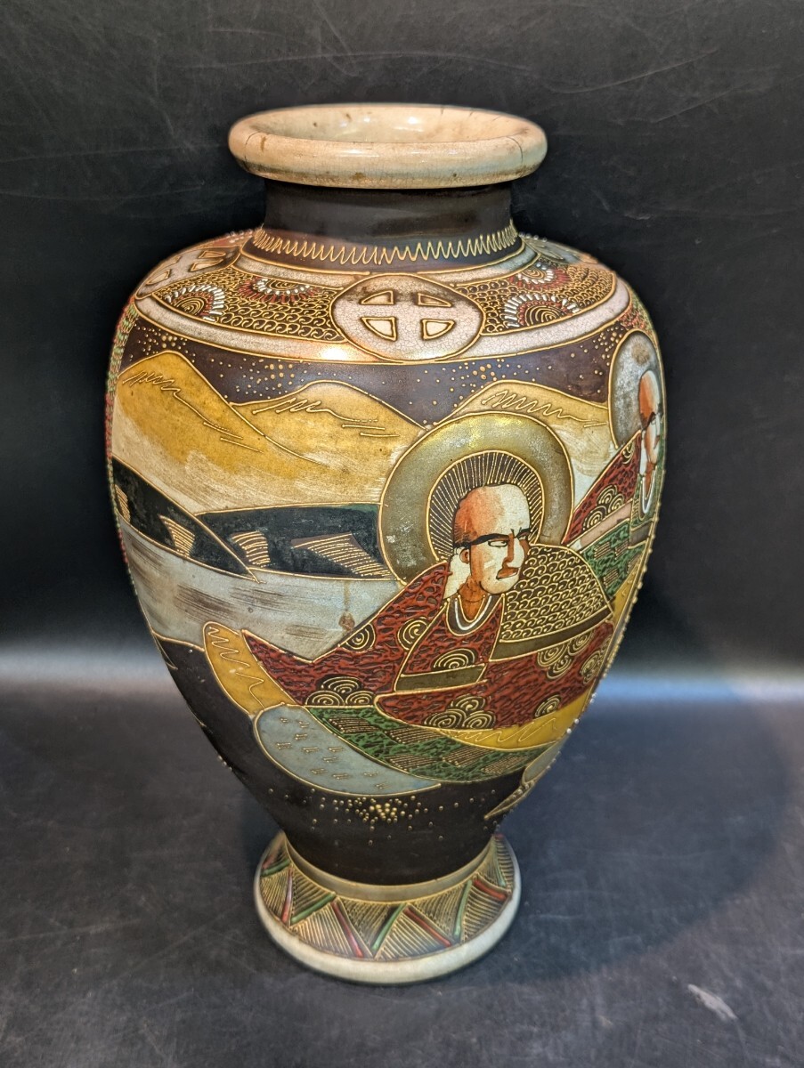 明治期 薩摩 薩摩焼 翠山 色絵 壺 花瓶 在銘 壷 金彩 高36㎝ 骨董 観音