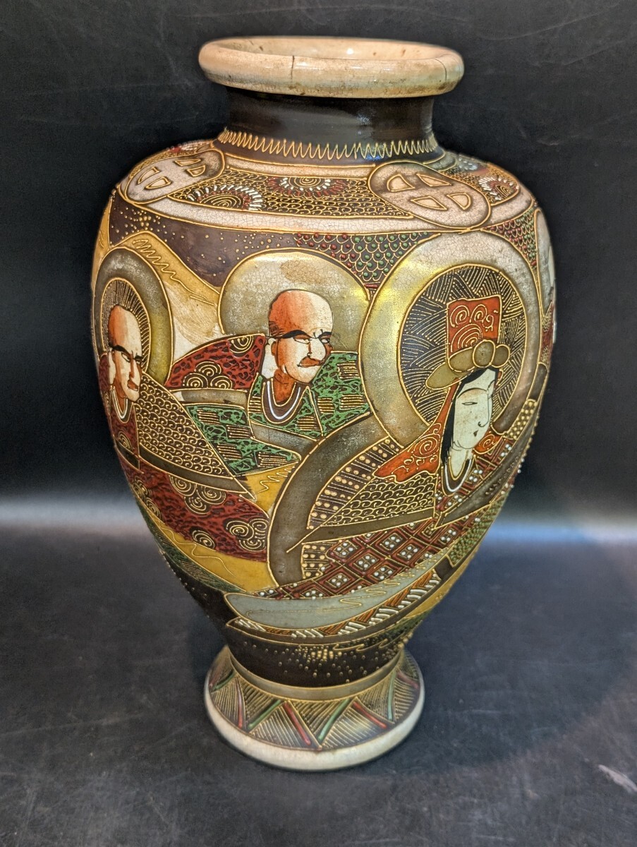 明治期 薩摩 薩摩焼 翠山 色絵 壺 花瓶 在銘 壷 金彩 高36㎝ 骨董 観音 明治期 薩摩 薩摩焼 翠山 色絵 壺 花瓶 在銘 壷 金彩 高36㎝ 骨董 観音