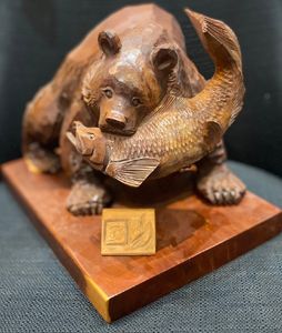 レトロ 当時物 北海道 阿寒湖 木彫り熊/クマ 顔//頭 鮭 30×30㎝ 壁掛け