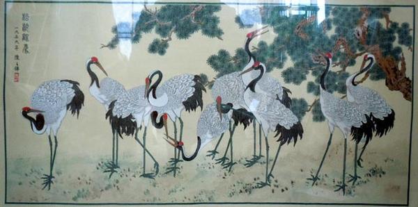 刺繍画 、鶴松絵 1953年 松齢、中国 陳之沸作 日本公式オンライン