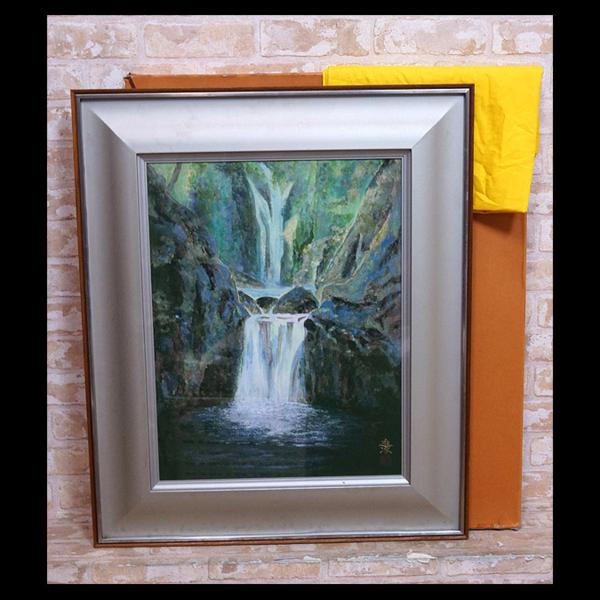 緑屋】日本画*肉筆*作 沢野進次*貴船の滝*風景画*額装*kig*1(日本画 