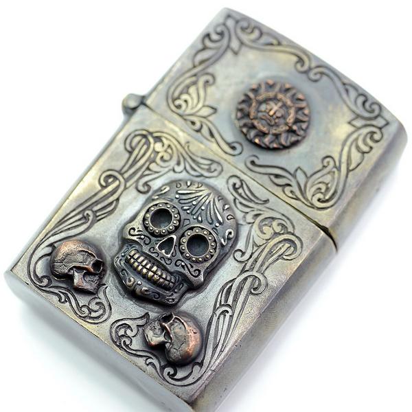 ※メキシカン スカル※ZIPPO型オイルライターゴールド真鍮ブラス