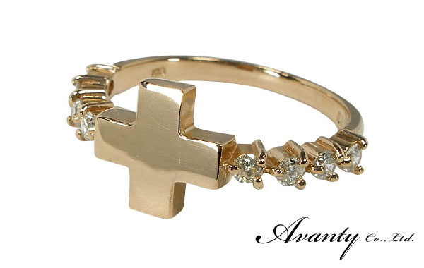 【Avanty】K18ピンクゴールド/0.23ct:十字架クロスダイヤリング