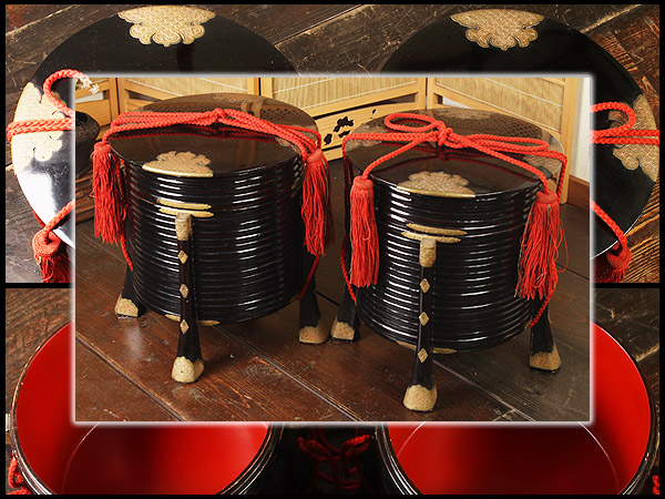 DJ479 年代物 黒漆塗行器・保貝・ほかい・外居 一対☆古民具漆器