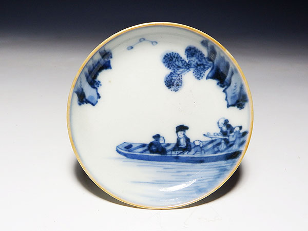 【桃】古伊万里：染付舟遊びの図小皿豆皿