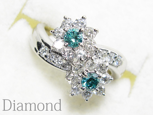 【銀トレ】1円～/計0.96ctブルー&透明ダイヤ/Pt900☆フラワーR