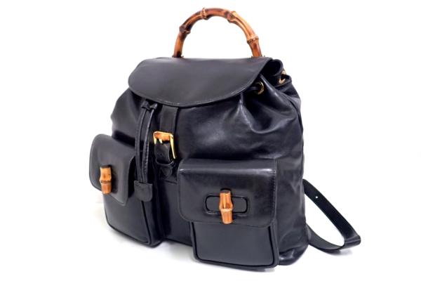 【美品】GUCCI リュック バンブー レザー ゴールド金具 黒 ターンロック 美品◇グッチ GUCCI バンブー レザー リュック バッグ 黒