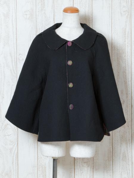 美品 ホコモモラ チェック柄リバーシブルハーフコート 黒 no674