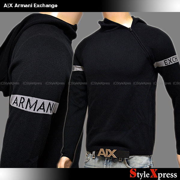 新作■アルマーニエクスチェンジ■黒L■袖ロゴZipフードセーター
