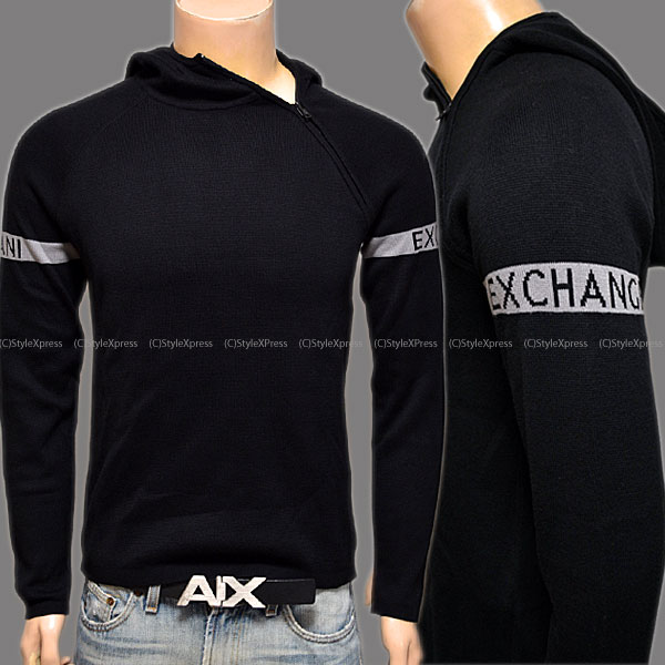 新作■アルマーニエクスチェンジ■黒L■袖ロゴZipフードセーター