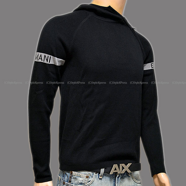 新作■アルマーニエクスチェンジ■黒L■袖ロゴZipフードセーター