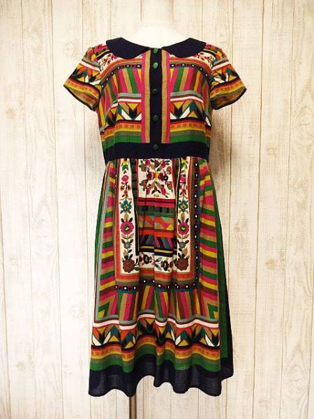 ☆美品☆ホコモモラ/シビラ/チロリアン柄丸襟ワンピース紺R715