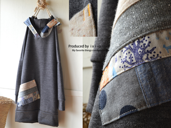 小雪ネップニット♪厚地起毛　スクエア＆フードパッチワーク