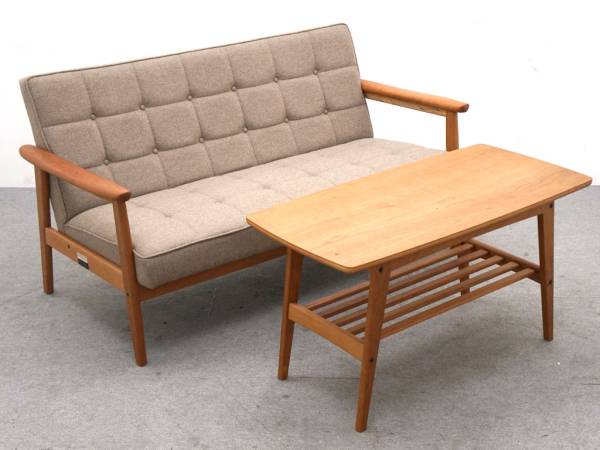 L9910 カリモク Kチェア2シーター フラノベージュ/テーブル付