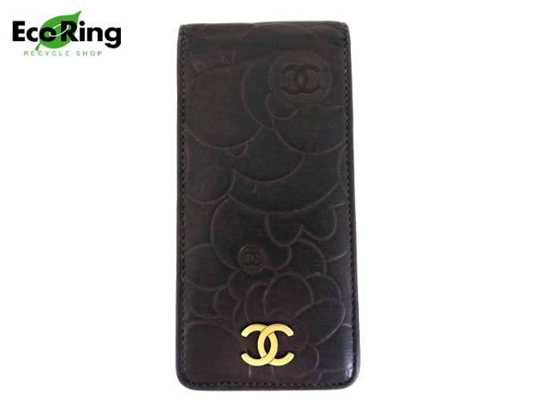 CHANEL シャネル ケース カメリア レザー ブラック 1円 シャネル カメリア 型押しレザー 携帯ケース 小物 黒 DM632 カード