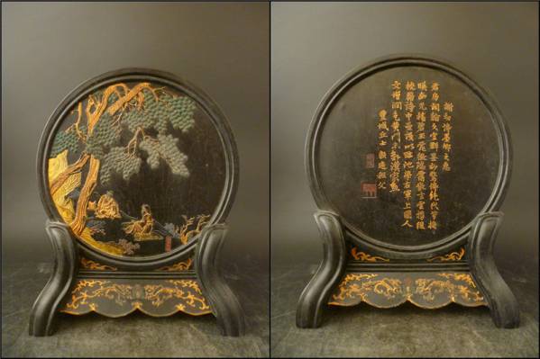 禹】I068 風景図 硯屏造像 書画墨 在銘 書道上品 文房具