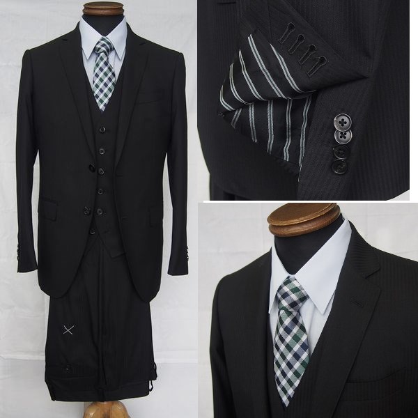 3ピース☆本切羽★上質スリムスーツ★黒 シャドーストライプ YA6