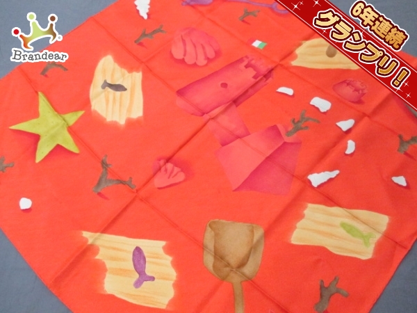 ブルガリ スカーフ 新品同様 レッド×ベージュ×ダークブラウン