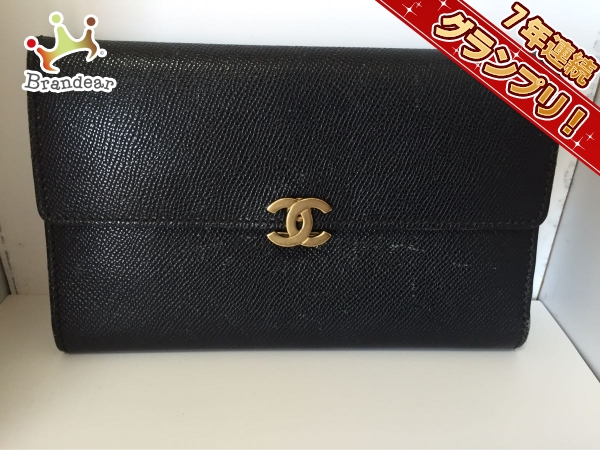 シャネル 3つ折り財布 キャビアスキン 黒 キャビアスキン CHANEL