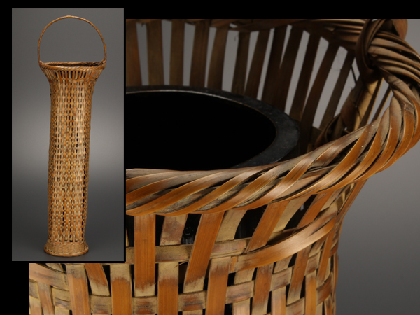 【流】古美術品 時代古竹極上編細工手付花篭 竹籠 IE302