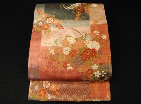 【帯喜楽】3-63●袋帯●三色格子に刺繍の四季花