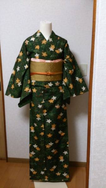 紬☆絣☆裄長め☆美品☆正絹☆なごや帯セット☆金茶