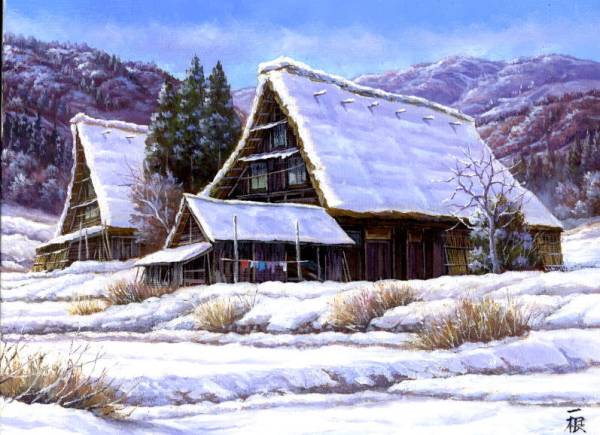 F6 猿渡一根 「雪の白川郷」□絵画 油絵 風景画 肉筆 油彩