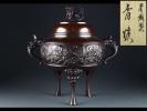 【楓】高岡銅器 銅製 獅子摘龍細工 三足香炉 共箱 DD488
