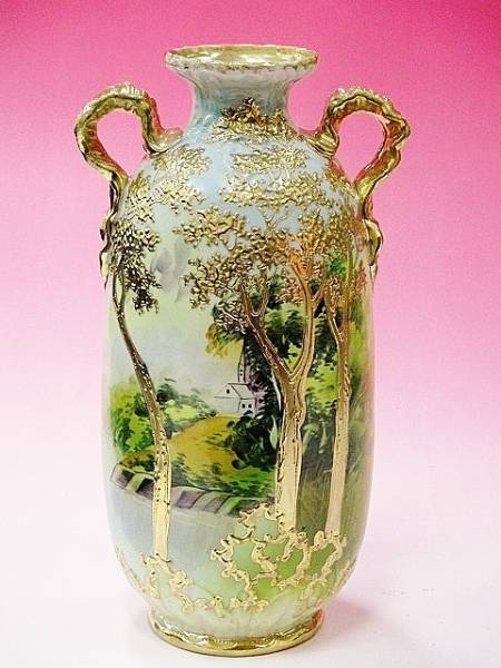 大型 オールドノリタケ 金盛 盛上 花瓶 水差し 風景 里帰り 金彩