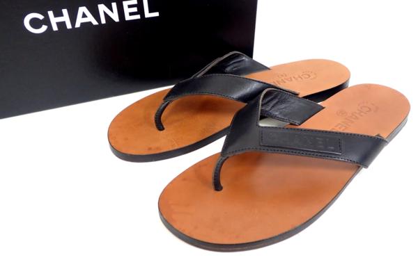 中古◆シャネル レザー ビーチサンダル トング メンズ 41 黒