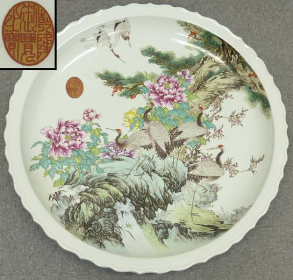 ◇関東◇乾隆御覧之宝印 色絵 群鶴・花松紋 大皿 お買い得，