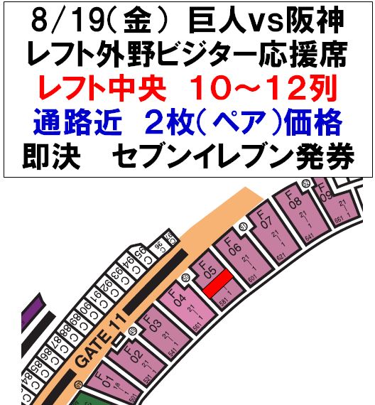 10～12列通路近 8/19 巨人×阪神 レフト外野ビジター応援席 2枚