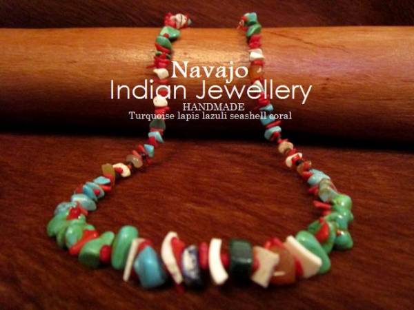 ナバホ族インディアンジュエリー珊瑚ターコイズラピスネックレス