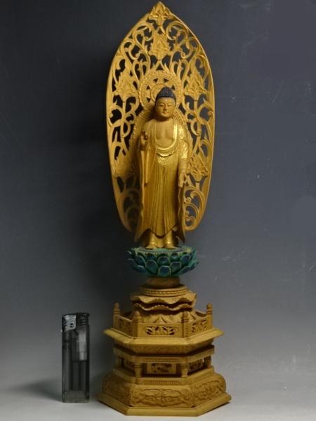 △仏具 木製彫り【阿弥陀如来 舟形光背 立像】高さ36cm 繊細な彫 木彫り