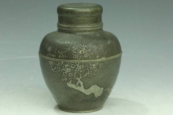 宣松自造銘 錫茶入 茶壺 煎茶道具 茶器 No.1 煎茶道具 古錫 陸裕隆造銘
