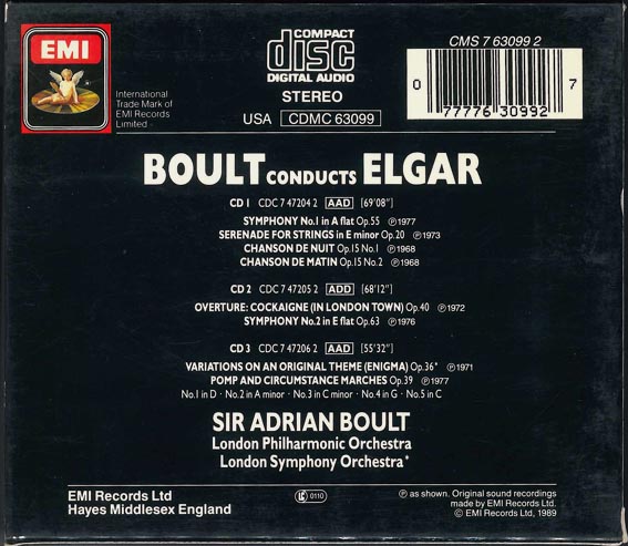 初期盤◆ボールト　エルガー：交響曲・管弦楽集　EMI◆3CD