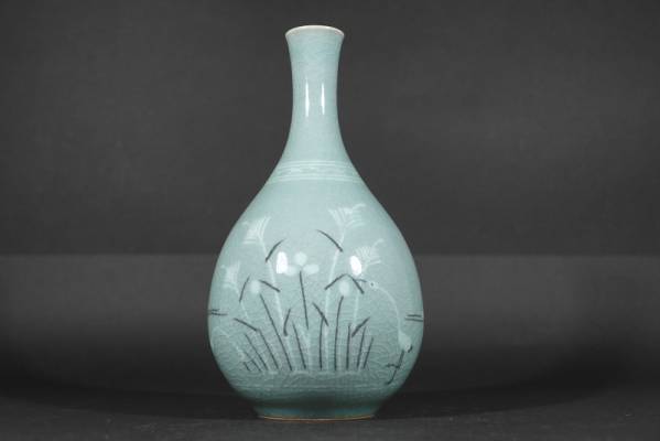 悠アート】安東五 青磁彫三島徳利 酒器 花生 一輪生 花瓶◇ 中国、朝鮮